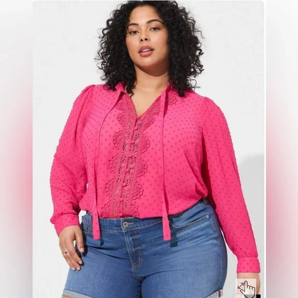 Torrid Women’s Chiffon Clip Dot Ruffle Neck Tie Front Top Blouse White Size 4X - Picture 12 of 12